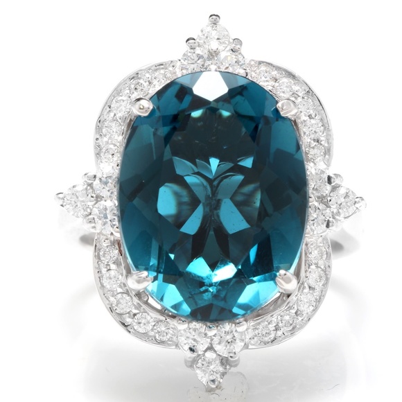 12.75Ct London Blue Topaz & Diamond 14KW Gold Ring